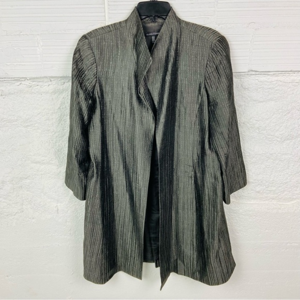 EILEEN FISHER silver gray silk groove organic cotton high collar coat SZ medium